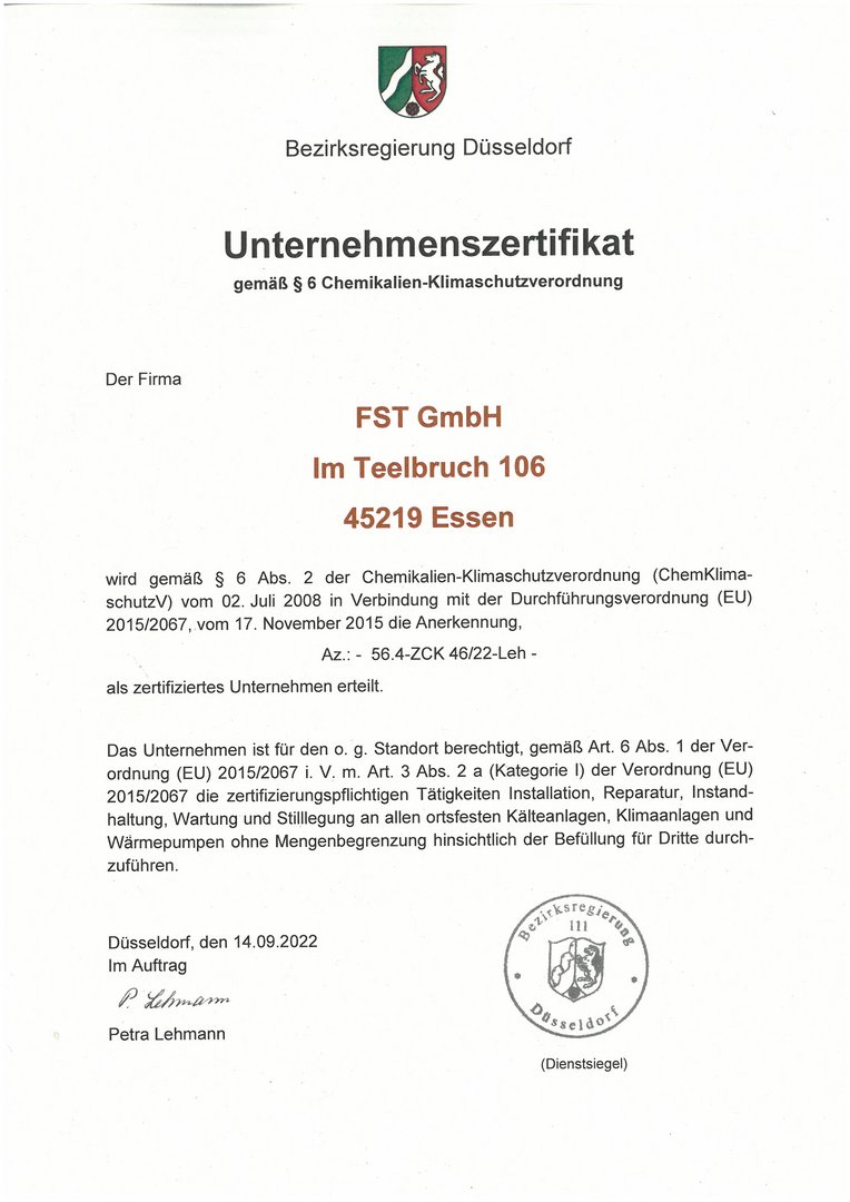 FST-Zertifizierung gemäß § 6 Chemikalien-Klimaschutzverordnung