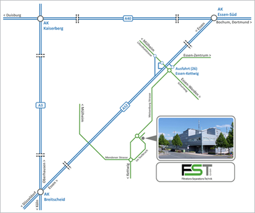 Karte mit Anfahrtsbeschreibung zur Firma FST in Essen