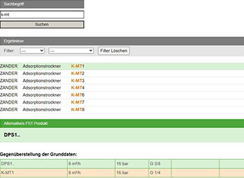  Screenshot der Produktdatenbank von FST Filtrations- und Separationstechnik